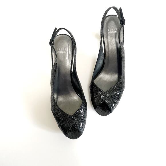 Stuart Weitzman Black Crocodile Leather Slingback Peeptoe Heels - Picture 10 of 10